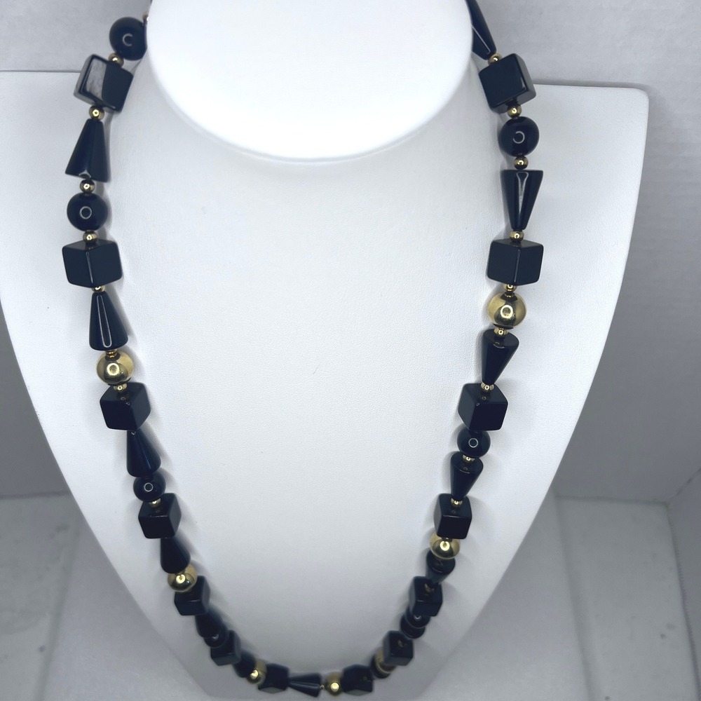 Trifari Necklace Black Lucite Geometric Gold Tone Beaded‎ 32" Signed Abstract